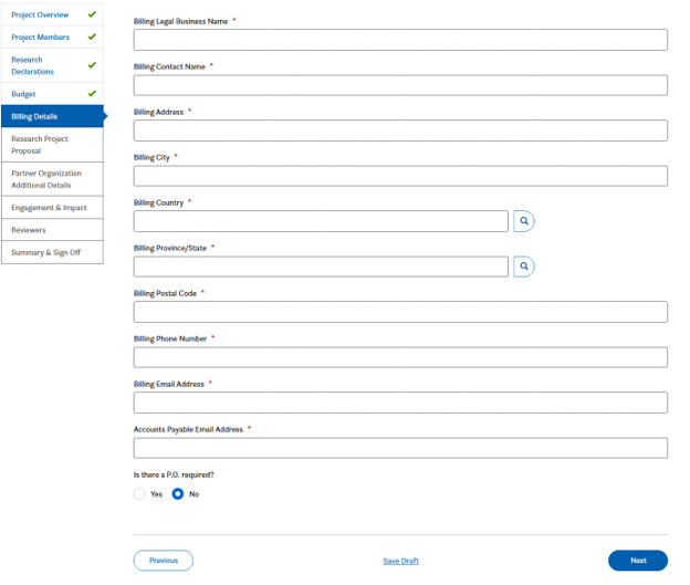 A web form titled Billing Details with fields for business name, contact name, billing address, country, province/state, postal code, phone, email, accounts payable email, and a PO requirement question. Next and Previous buttons below.