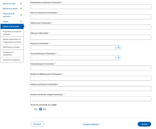 Un formulaire Web intitulé « Détails de facturation » comporte des champs pour le nom de l’entreprise, le nom du contact, l’adresse de facturation, le pays, la province ou l'état, le code postal, le numéro de téléphone, l’adresse courriel, l’adresse courriel du service de comptabilité des fournisseurs et une question relative aux bons de commande. Les boutons « Suivant » et « Précédent » se trouvent en-dessous.