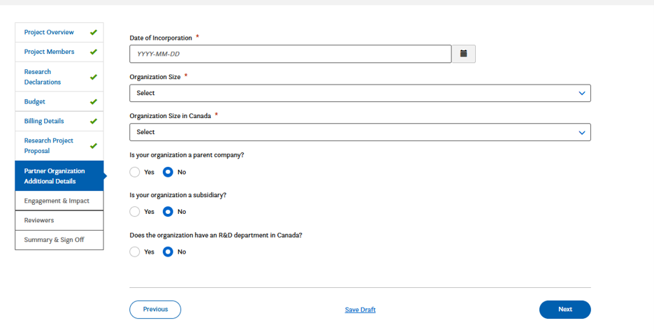 A web form titled Partner Organization Additional Details with fields for date of incorporation, organization size, organization size in Canada, and questions about parent company status, subsidiaries, and R&D in Canada.