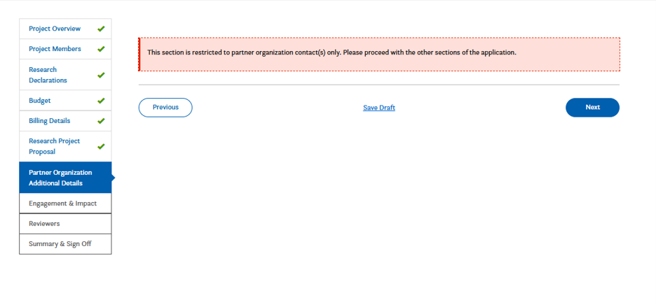 Screenshot of the Mitacs application portal showing a warning message: This section is restricted to partner organization contact(s) only. Please proceed with the other sections of the application.
