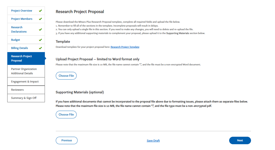 A web application form with a warning in red stating, This section is restricted to partner organization contact(s) only. Navigation buttons labeled Previous, Save Draft, and Next are visible. A sidebar menu lists application sections.