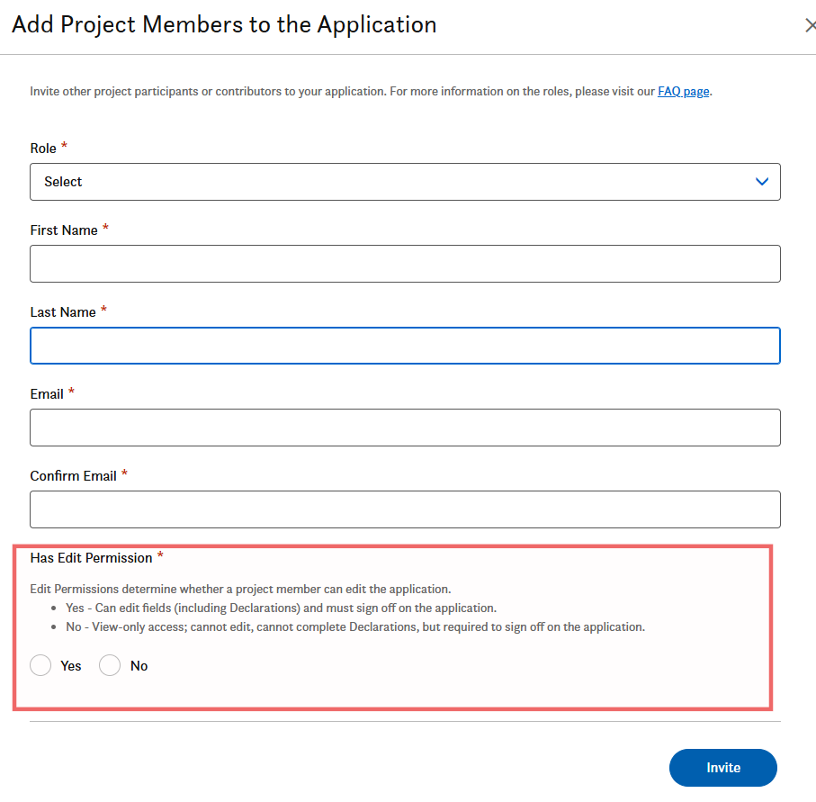 A form titled Add a contributor with fields for role, first name, last name, email, and confirm email. A section below asks Has Edit Permission with Yes and No radio buttons. The Invite button is at the bottom right.