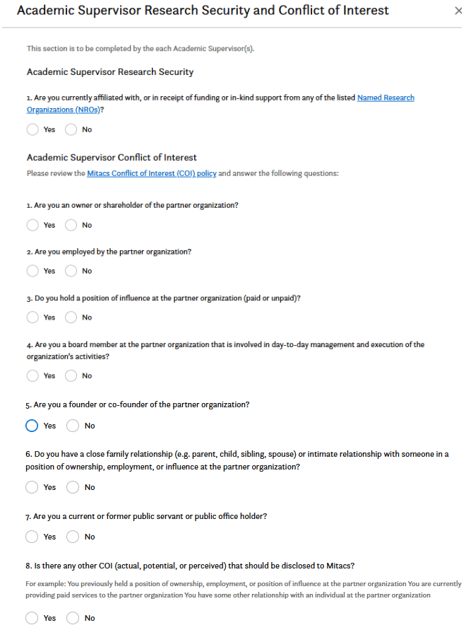 Form titled Academic Supervisor Research Security and Conflict of Interest with questions about affiliations, employment, influence, ownership, and board membership regarding partner organizations, and links to policies and NROs.