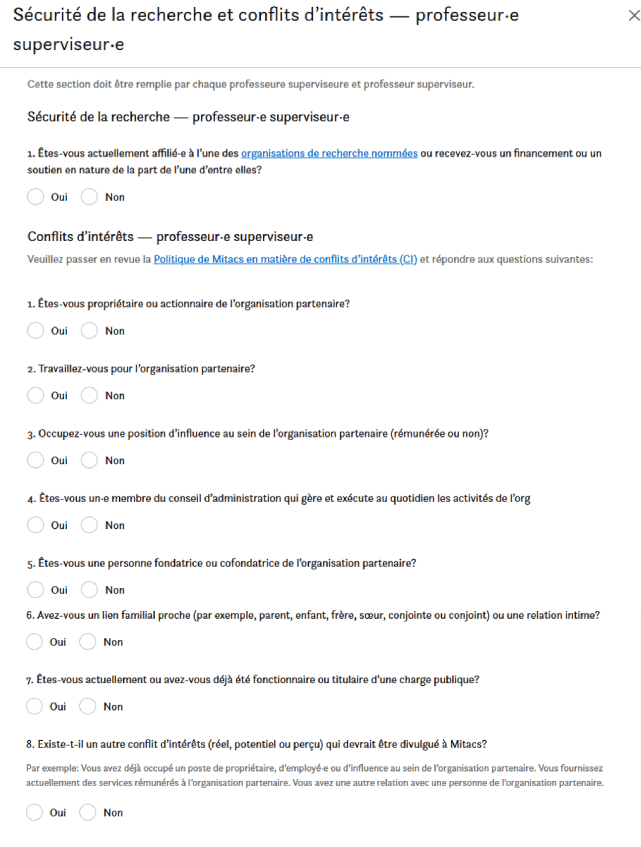 Formulaire intitulé « Sécurité de la recherche et conflits d’intérêts — professeur superviseur » comportant des questions sur les affiliations, l’emploi, l’influence, la propriété et l’appartenance au conseil d’administration des organisations partenaires, ainsi que des liens vers les politiques et les organisations de recherche nommées.
