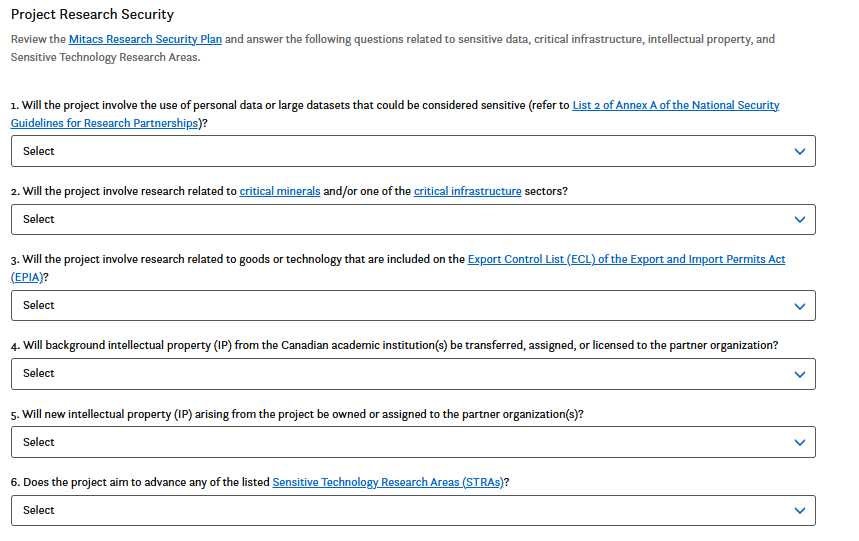 A web form with dropdown questions about project research security, focusing on personal data use, critical infrastructures, controlled goods, intellectual property, and sensitive research areas. Instructions and links are visible at the top.