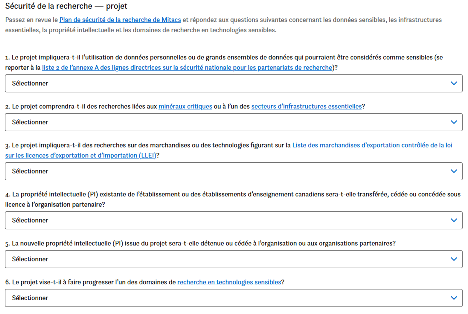 Un formulaire Web avec des questions à choix multiples sur la sécurité de la recherche, notamment sur l’utilisation des données personnelles, les infrastructures essentielles, les biens réglementés, la propriété intellectuelle et les domaines de recherche sensibles. Les instructions et les liens sont visibles en haut de la page.