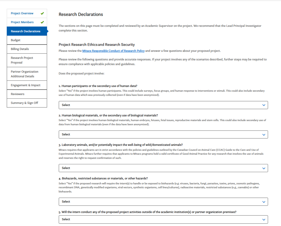 Screenshot of a research declarations form with questions about human data, human materials, animal involvement, hazardous materials, and project activities outside the institution, each with dropdown menus for responses.