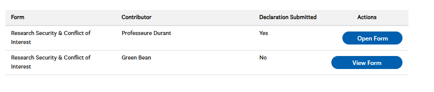 A table lists research security forms. Professeure Durant has submitted a declaration; Green Bean has not. Action buttons say Open Form for Durant and View Form for Green Bean.