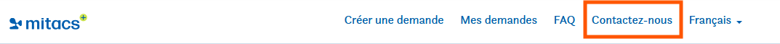 En-tête de la plateforme Mitacs Plus avec les liens suivants : Créer une demande, Mes demandes, FAQ et Contactez-nous. Le lien Contactez-nous est encadré en orange.