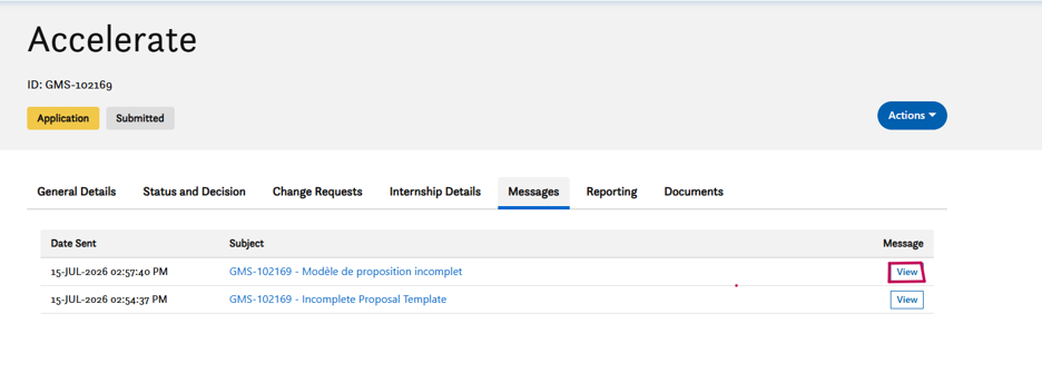 A dashboard for an application named Accelerate shows messages with subjects and View links under the Messages tab. Two messages are listed, both sent on 15 JUL 2016, with different subjects and times.