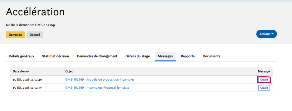 Un tableau de bord pour une demande intitulée Accélération présente des messages avec un Objet et des liens pour les afficher sous l’onglet Messages. Deux messages s’y trouvent. Les deux ont été envoyés le 15 juillet 2026 et on un objet différent.