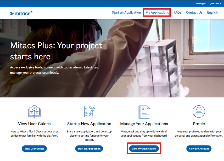 A person wearing safety gear pours liquid nitrogen, with the “Mitacs Plus: Your project starts here” site visible. “My Applications” in the top menu and “View My Applications” button are highlighted in red.