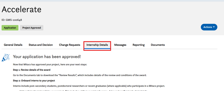 A webpage titled Accelerate displays an approved application. The Internship Details tab is highlighted in red. Instructions for next steps are listed below. Other tabs include General Details, Status, and Messages.