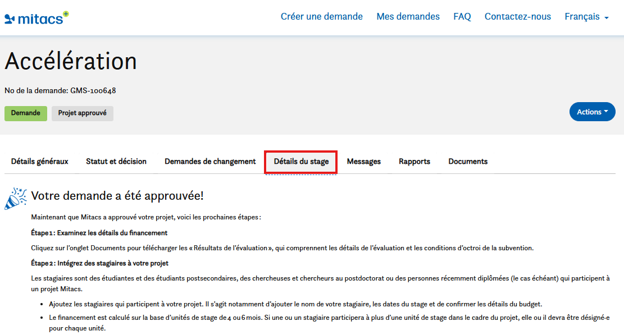 Une page Web intitulée Accélération présente une demande approuvée. L’onglet « Détails du stage » est mis en évidence en rouge. Les instructions pour les prochaines étapes sont données ci-dessous. Les autres onglets incluent « Détails généraux », « Statut » et « Messages ».