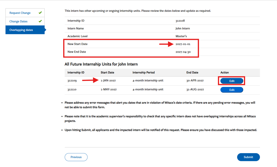 A webpage shows internship details for John Intern, highlighting overlapping dates. The Edit button is outlined in blue next to internship 332110, with new start and end dates shown above in a red box.