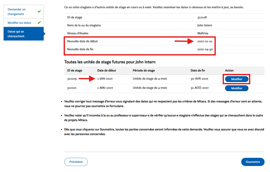 Une page Web affiche les détails du stage de John Intern, en mettant en évidence les dates de chevauchement. Le bouton « Modifier » est encadré en bleu à côté du stage n° 332110, et les nouvelles dates de début et de fin sont indiquées en rouge au-dessus.