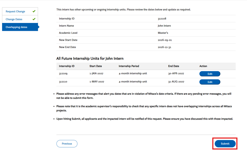 Webpage showing internship units for John Intern, with tables listing IDs, dates, and actions. A blue note provides instructions. At the bottom right, a Submit button is highlighted in red.