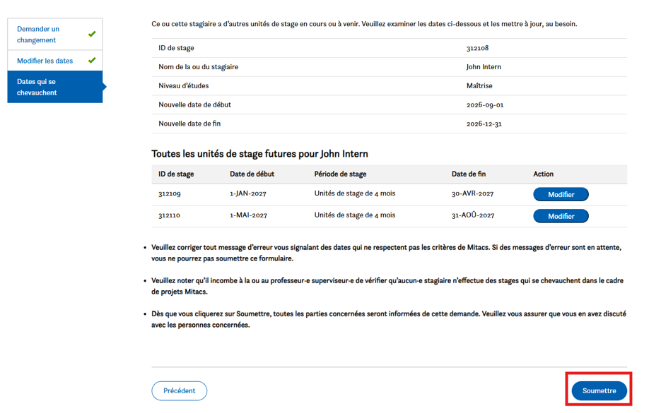 Page Web présentant les unités de stage de John Intern, avec des tableaux répertoriant les identifiants, les dates et les actions. Une note bleue fournit des instructions. En bas à droite, un bouton « Soumettre » est mis en évidence en rouge.