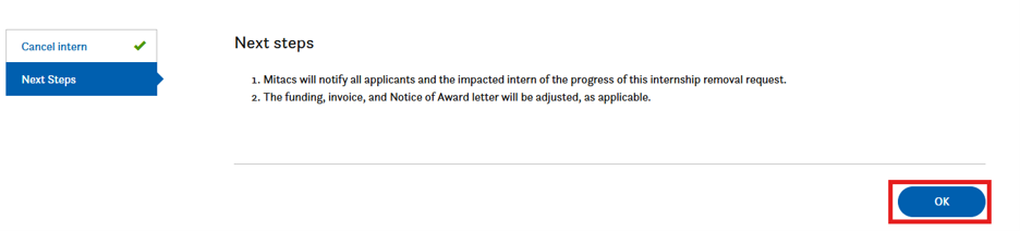 A webpage shows Next steps with a list of two items, a Cancel intern button on the left, and a blue OK button outlined in red on the bottom right.