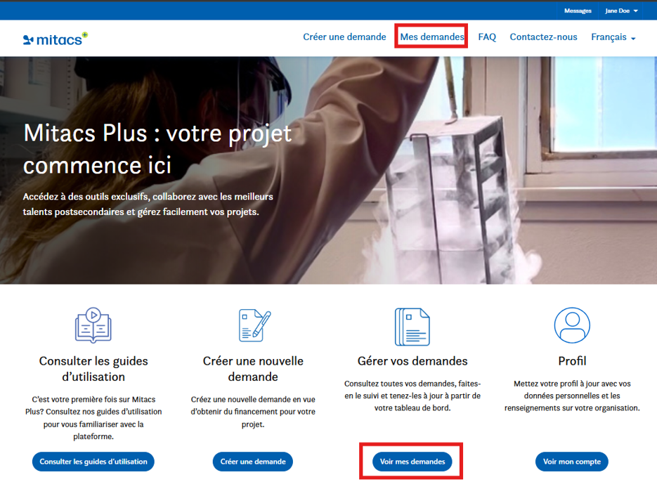 Capture d’écran du portail de projets Mitacs. La section « Mes demandes » est en évidence en haut, et le bouton « Voir mes demandes » est situé juste en dessous. Les autres boutons incluent « Consulter les guides d’utilisation », « Créer une demande » et « Profil ».