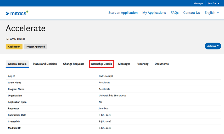 A screenshot of the Mitacs Accelerate dashboard displaying tabs. The Internship Details tab is highlighted. Application information such as App ID, grant name, program, and applicant name appears below.