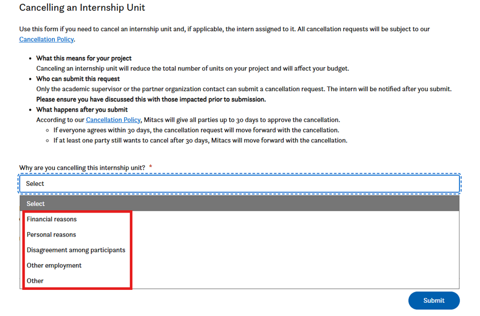 A cancellation form asks users to select a reason for cancelling an internship unit; options include financial, personal, disagreements, and other employment. Submit and dropdown menus are visible.