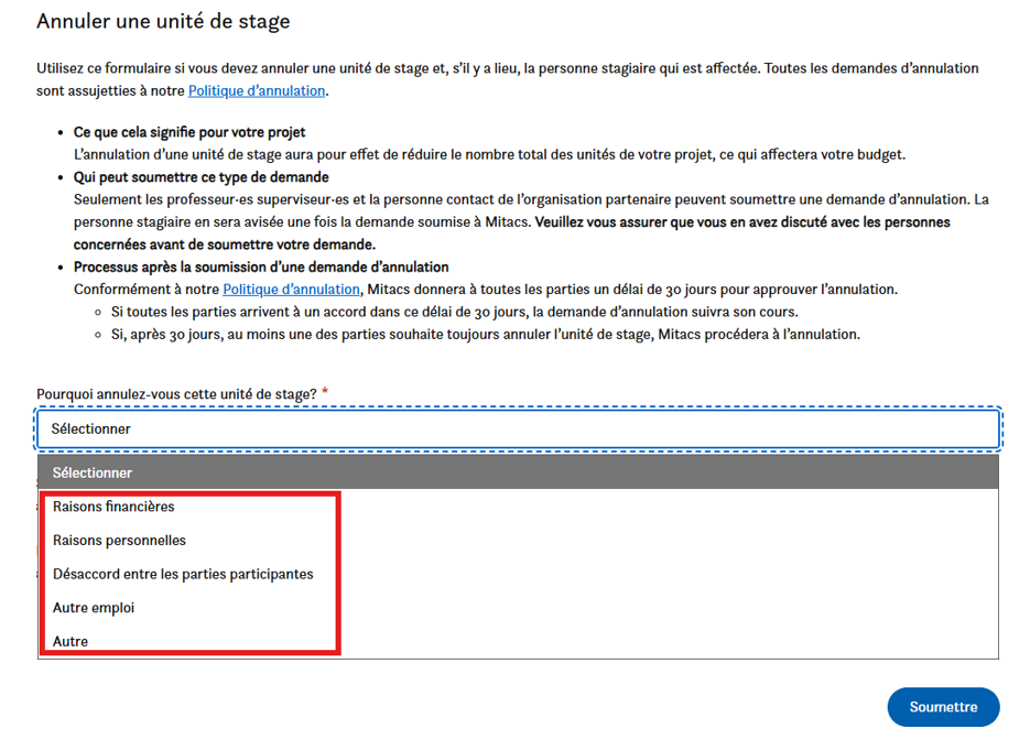 Un formulaire d’annulation invite les utilisateurs à sélectionner un motif d’annulation d’un stage. Les options dans la liste comprennent des raisons financières, personnelles, des désaccords et d’autres opportunités professionnelles. Les boutons « Soumettre » et les menus déroulants sont visibles.