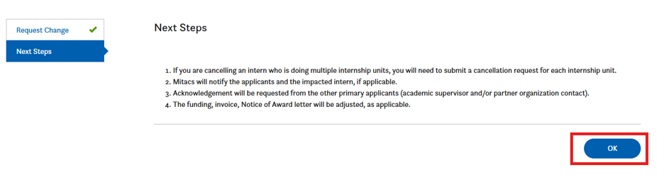Screenshot of a webpage titled Next Steps with a checklist and instructions for cancelling multiple internship units. A blue OK button is highlighted in the bottom right corner.