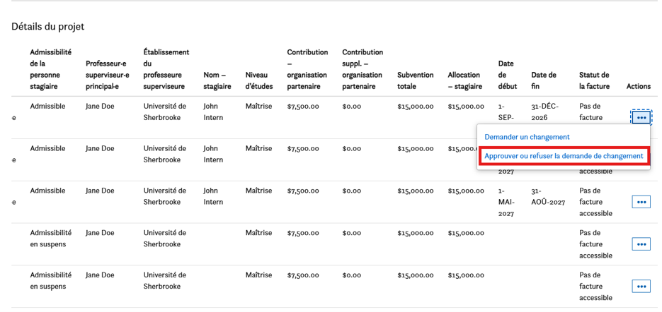 Un tableau énumère les détails des projets de stage, notamment le superviseur, l’établissement, l’allocation et le statut de la facturation. Un menu déroulant est disponible sur la quatrième ligne, proposant les options « Demander un changement » et « Approuver ou refuser la demande de changement ».