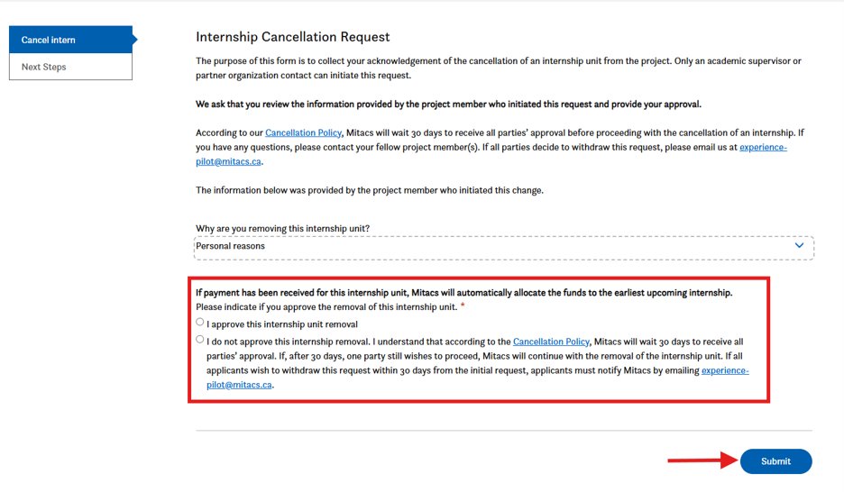 A webpage form titled Internship Cancellation Request with instructions, a dropdown menu for the reason, a red box with payment details, checkboxes, and a blue Submit button at the bottom right.