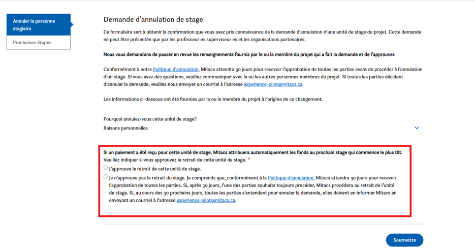 Un formulaire de page Web intitulé « Demande d’annulation de stage » avec des instructions, un menu déroulant pour le motif, une case rouge avec les détails de paiement, des cases à cocher et un bouton bleu « Soumettre » en bas à droite.