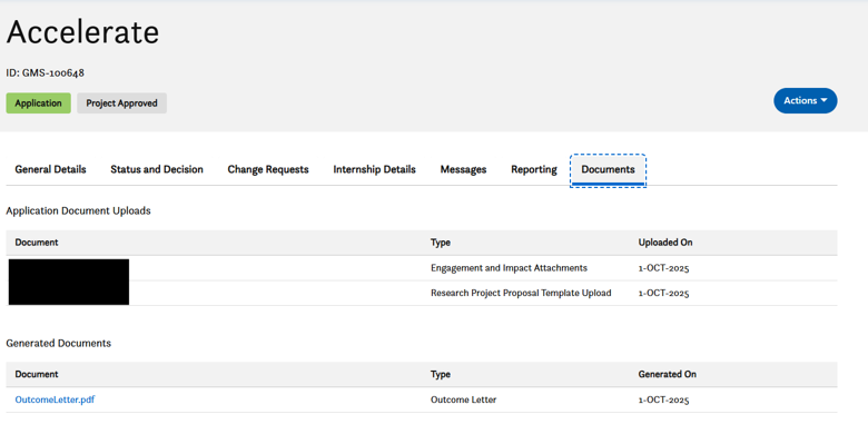 A dashboard titled Accelerate shows tabs for project details, with the Documents tab open. It lists uploaded documents and generated documents, including an outcome letter PDF, with upload dates and statuses.