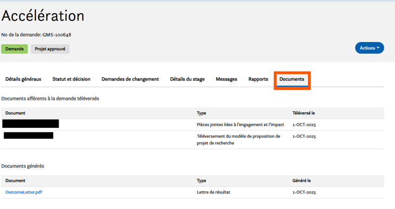 Un tableau de bord intitulé Accélération affiche des onglets pour les détails du projet, l’onglet « Documents » étant ouvert. Il énumère les documents téléversés et les documents générés, notamment un PDF de la lettre de résultat, avec les dates et les statuts de téléversement.