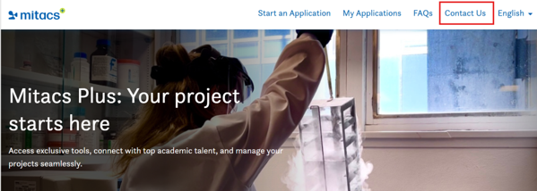 A person in a lab coat handles scientific equipment near a window; text reads, Mitacs Plus: Your project starts here. Website menu options appear at the top of the image.