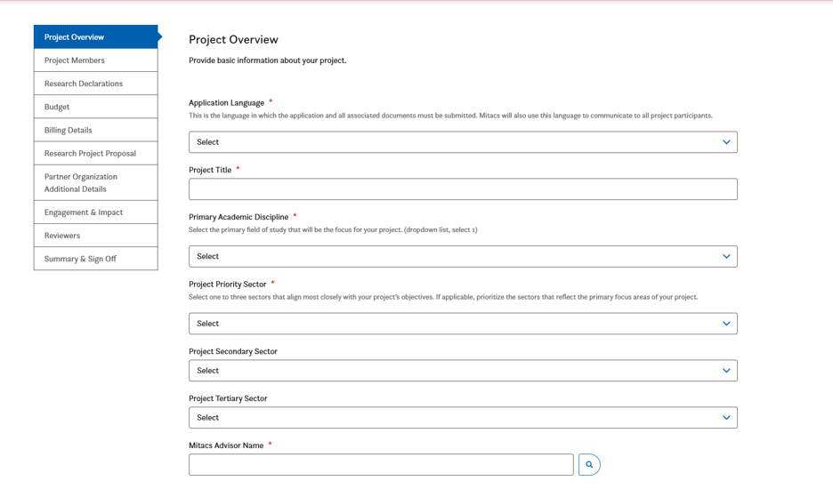 A web form titled Project Overview displays dropdown fields for application language, project title, academic discipline, priority sector, secondary and tertiary sector, and advisor name. A sidebar menu lists project-related sections.