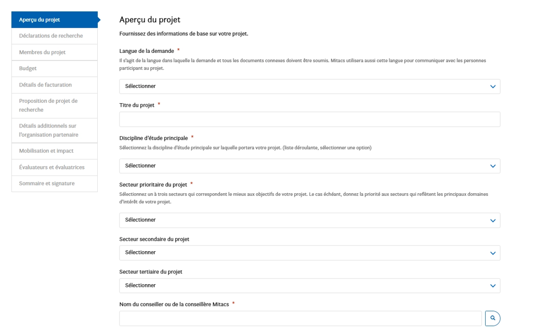 Un formulaire web intitulé Aperçu du projet avec des menus déroulants pour choisir la langue de la demande, le titre du projet, le domaine d’étude, le secteur prioritaire, le secteur secondaire et le secteur tertiaire, ainsi que le nom du conseiller ou de la conseillère. Un menu latéral présente les sections de la demande.