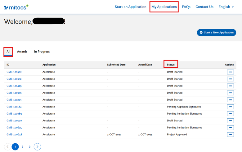 Mitacs web page showing a table of applications with columns for ID, application type, dates, and status. My Applications, All, and Status are highlighted in red. Some information is blurred for privacy.