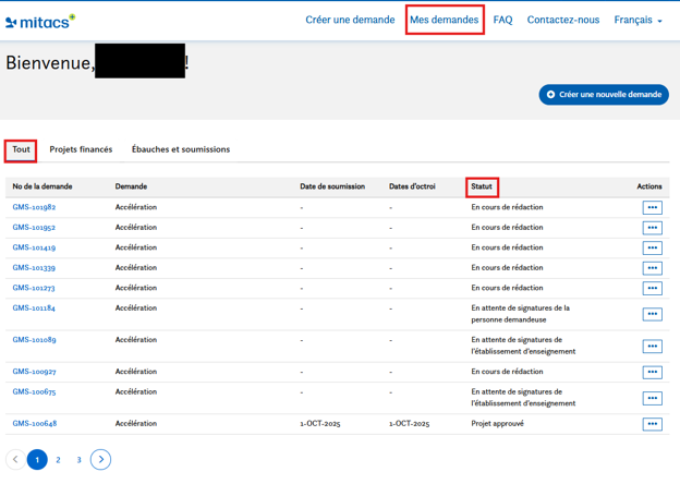 Page Web de Mitacs présentant un tableau des demandes avec des colonnes pour l’identifiant, le type de demande, les dates et le statut. Les sections « Mes demandes », « Toutes » et « Statut » sont mises en évidence en rouge. Certaines informations sont floutées pour des raisons de confidentialité.