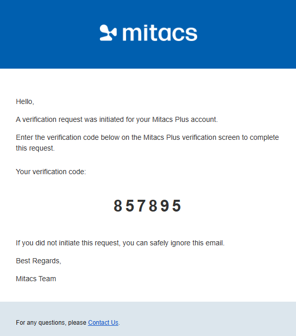 An email from Mitacs with a verification code 857895 and instructions to enter the code for account verification. It also advises to ignore the email if the request was not initiated.