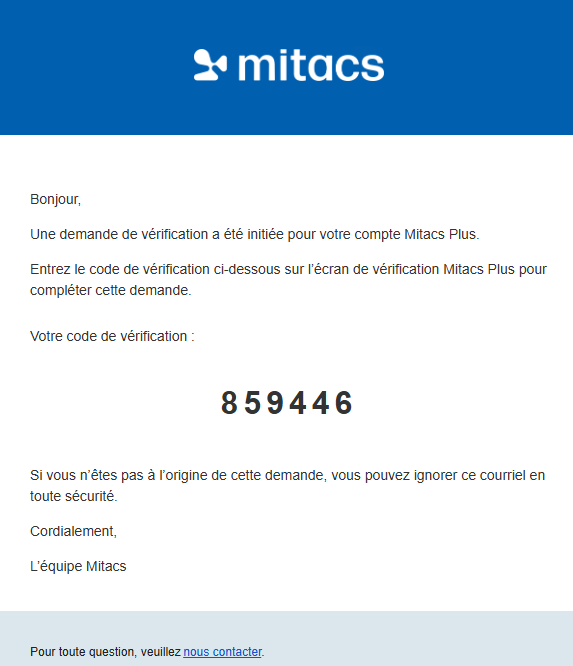 Un courriel de Mitacs contenant le code de vérification 859446 et les instructions pour entrer ce code pour vérifier le compote. Le message indique également d'ignorer ce courriel si la personne récipiendaire n'a pas initié la demande.