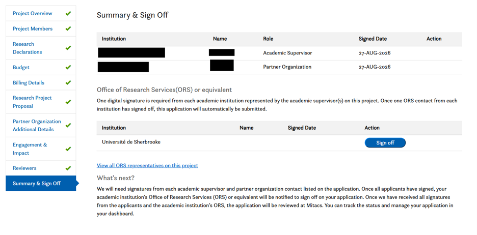 A project sign-off page lists institutions, names, roles, sign date, and actions. One entry is pending signature, with a blue Sign off button next to it. Sidebar navigation links appear on the left.