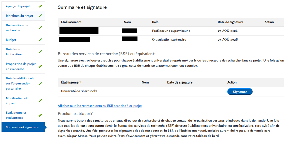 La page de validation du projet énumère les établissements, les noms, les rôles, la date de signature et les actions effectuées. Une entrée est en attente de signature; un bouton bleu « Signature » est affiché à côté. Les liens de navigation latéraux apparaissent à gauche.